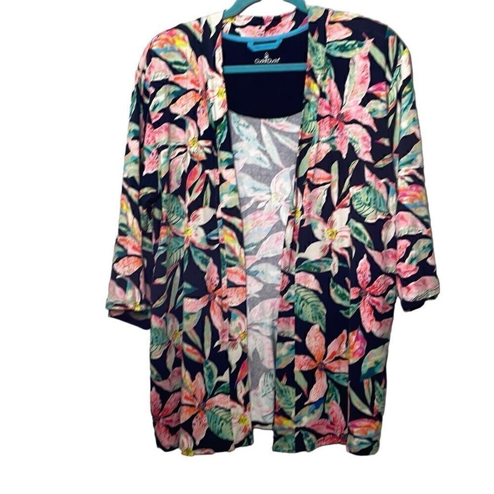 Cuddl Duds tropical flower open cardi with pockets and locker loop M